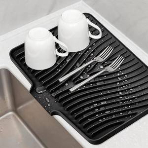 lot 20279 image: TIKNIK Silicone Dish Drying Mat, Stone Drying Mat for Kitchen Counter with Built-In Drain, Non-Slip Drain Pad with Built-in Drain, Heat Resistant Stone Drying Mat, Hangable, Black-1pc, 16 x 12