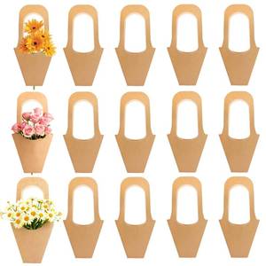 lot 20302 image: Qjaiune 15PCS Flower Bouquet Holder, Flower Wrapping Bags with Handle, Bouquet Bar Supplies with Ribbon, Brown Floral Sleeves Floral Paper for Teacher Graduation Wedding Birthday Gift (14 Inches)
