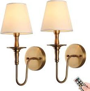 lot 13343 image: Antique Wall Sconces Battery Operated Set of 2,No Wiring Rechargeable Wall Lights with Remote , Brass Vintage Fabric Shade Wall Lamp Fixtures Gold for Living Room Bedroom Hallway Farmhouse TV