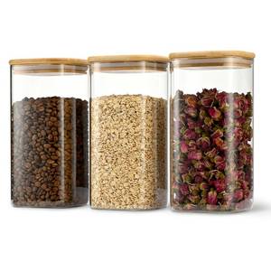 lot 1173 image: D2scrma 50oz Airtight Glass Square Storage Canister with Bamboo Lid Set of 3 (1500ml) Container Stackable Spice Jar, Kitchen Canister for Flour, Cookies, Cereal and Coffee beans (��with Black Lable)