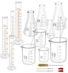 lot 1189 image: FOUR ES SCIENTIFIC Glass Beaker Set 50100250500 ml, Glass Flask 50100150250 ml, Graduated Cylinder 102550100ml, 1 Brush, 2 Droppers, and 4 Stirring Rods