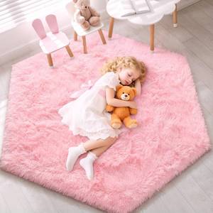 lot 1194 image: EVOIONOS Pink Hexagon Rug for Princess Tent, Fluffy Area Rug for Kids Room, 4x4.6 Feet for Girls Tent, Furry Soft Nursery Rug, Fuzzy Plush Carpet for Teen Girls Bedroom