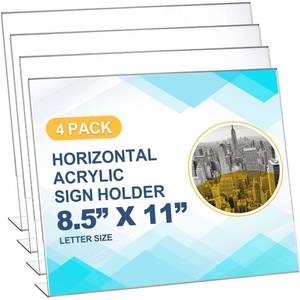lot 1201 image: Qilery 4 Pcs Horizontal 11 x 8.5 Inch Acrylic Sign Holder, Standing Sign Holder Table Top Transparent Plastic Document Slant Back Display Stand for Workers Office Menu Desktop