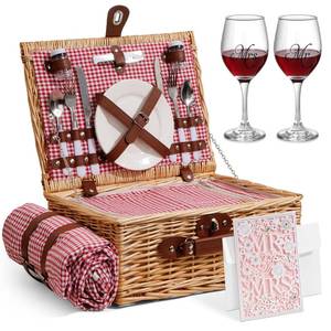 lot 1205 image: Picnic Basket for 2 with Lid and Handle Waterproof Picnic Blanket, Wicker Picnic Set Kit with Cooler for Beach, Insulated Picnic Baskets, Bridal Shower Gift Wedding Gifts with Mr Mrs Wine Glasses