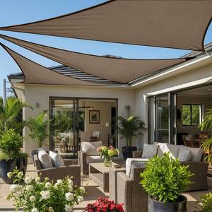 lot 1207 image: Cool Area Sun Shade Sail 12x12x12FT Triangle Shade Canopy Outdoor Sunshade for Patio Backyard Garden, Brown