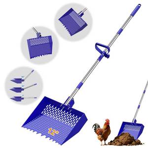 lot 1258 image: 12-Inch 2-in-1 Chicken Poop Scooper & Rake, Chicken Coop Scoop with Adjustable Stainless Steel Handle ��24��64��, 3 Angles & 2 Sifting Holes, Litter Scoop Sand Sifting Shovel Pooper Scooper (Blue)