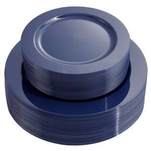 lot 1263 image: FLOWERCAT 100PCS Blue Plastic Plates - Heavy Duty Blue Disposable Plates for MemorialBirthday PartyGraducation - Include 50PCS 10.25inch Dinner and 50PCS 7.5inch DessertSalad Plates for 50 Guests