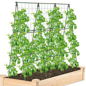 lot 1274 image: Cucumber Trellis for Raised Bed, 1 Pack 4ft Tall A-Frame, Garden Trellis for Climbing Plants Outdoor, Perfect for Vines, Beans - Green with Netting