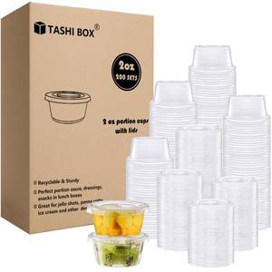 lot 1281 image: TashiBox Plastic Portion Cups with Lids 2 Ounce, 200 Sets Disposable Plastic Cups for Meal Prep, Salad Dressing, Jellos Shot Cups, Souffle Cups, Condiment & Dipping Sauce Cups
