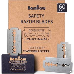 lot 2247 image: Bambaw Safety Razor Blades for Men & Women, 60 Pack, Double Edge Razor Blades Refills, Platinum Swedish Stainless Steel, Sharp & Long-Lasting Edge Retention, Up to 14 Months Supply