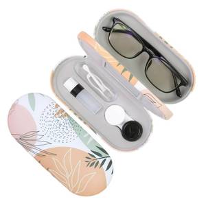 lot 2254 image: FlyingMage 2 in 1 Contact Lens Case and Eyeglasses Case for Women Men Kids, Double Sided Hard Shell Portable Glasses Travel Holder with Built-in Mirror, Contact Lens Box Storage Kit, Boho Leaf
