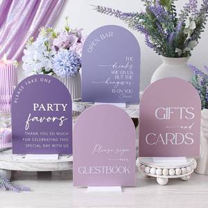 lot 2265 image: Weysat 4pcs Acrylic Wedding Signs for Ceremony and Reception, 5x7 Inch Lavender Purple Wedding Signage Decor with Stand, Guest Book, Cards and Gifts, Open Bar, Favor Signs for Marriage Ceremony