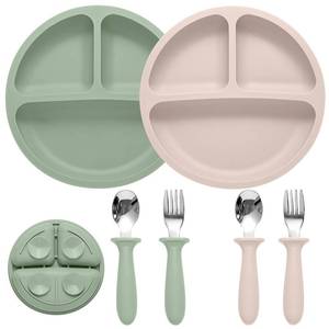 lot 2303 image: Eascrozn Baby Feeding Set, 2 Pack Silicone Baby Plates with Suction, 2 Pack Spoons and Forks Set for Toddler Utensils, BPA Free, Baby Led Weaning Supplies for Eating Essentials