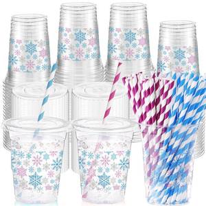 lot 2330 image: Shellwei 50 Set 16 oz Winter Snowflakes Plastic Cups with Lids and Straw Disposable Clear Ice Coffee Beverage Drinking Cups for Christmas Birthday Winter Decorations(Blue Purple)