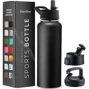 lot 2369 image: FineDine Triple Walled, Insulated Water Bottles with Straw - 40 Oz Stainless Steel Metal Bottle W 3 Leak Proof Lids - For Travel, School, Sports, GymMen, Women & Kids - Inky Raven Black