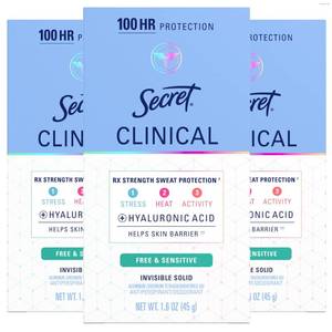 lot 2389 image: Secret Clinical Strength Antiperspirant Deodorant for Women, Free & Sensitive, 100hr Sweat & Odor Protection, 3X Stress Protection with Hyaluronic Acid, Invisible Solid, Unscented, 1.6 oz (Pack of 3)