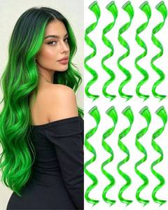 lot 2404 image: Olldag 10 PCS Green Hair Extensions, Curly Wavy Synthetic Hairpieces Clip in Rainbow Neon Party Highlights, Colorful Hair Accessories for Women 17 Inch