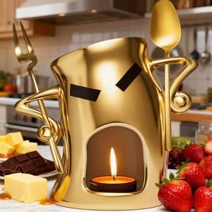 lot 3688 image: Ceramic Fondue Cup Set wBuilt-In Fork & Spoon - Mini ChocolateCheese Fondue Mug  Microwave & Dishwasher Safe  Compact Gift-Ready (Gold)