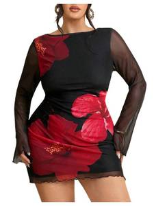 lot 4323 image: BEAUDRM Womens Plus Size Floral Sheer Mesh Mini Dress Long Bell Sleeve Wedding Guest Dresses Going Out Dresses Black 3X-Large Plus