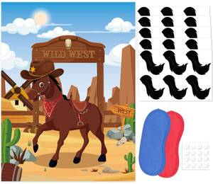 lot 4325 image: JCTHKUKU Pin The Tail On The Horse Party Game with 30 Tail Stickers, Large Western Wild West Horse Cowboy Poster, Birthday Carnival Party Decorations and Western Theme Party Supplies