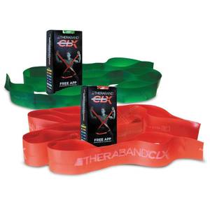 lot 4332 image: THERABAND CLX Resistance Band with Loops, 2 Pack Fitness Band for Home Exercise and Workouts, Portable Workout, Functionality for Athletes, 5�� Consecutive Loops, 2-Pack Light Intensity Red-Green