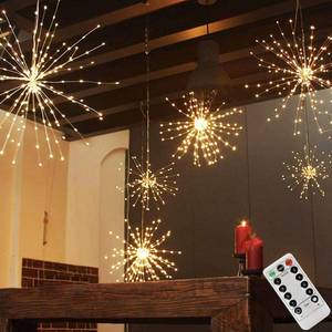lot 4334 image: PXBNIUYA 200LED Hanging Sphere Lights, Battery Operated Starburst Lights, 8 Modes Dimmable Remote Control, Waterproof Copper Wire Fairy Light for Indoor Outdoor Christmas Decor (Warm White)