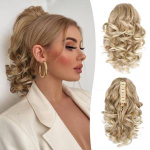 lot 4383 image: 12 Inch Ponytail Extension - Soft Wavy Pony Tails Hair Extensions, Claw Clip Ponytail Extension, Synthetic Hair Extensions Ponytail, Clip in Ponytail (Color Medium Blonde With Bleach Blonde Ends)