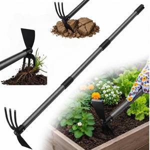 lot 4398 image: Heavy Duty 2-In-1 Garden Hoe with 3 Tine Cultivator Rake, Carbon Steel Sharp Weeding Tool with 45Adjustable Handle For Weed Removal & Soil Loosening In Raised Beds, Flower & Vegetable Gardens