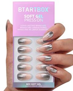 lot 4414 image: BTArtbox Press On Nails Short - Silver Fizz, Chrome Glitter Almond Press On Nails with Glue and Adhesive Tabs for Women in 16 Sizes - 32 Soft Gel Glue On Nails Kit