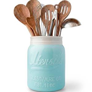lot 5825 image: Comfify Wide Mouth Mason Jar Utensil Holder Decorative Kitchenware Organizer Crock, Dishwasher Safe - Kitchen Caddy Aqua Blue for Countertop, Large Size 7 Hight