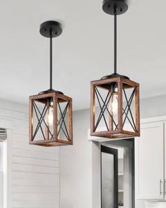 lot 5833 image: DEWENWILS 2 Pack Farmhouse Pendant Light, Metal Hanging Light Fixture with Wooden Grain Finish, 48 Inch Adjustable Pipes for Flat and Slop Ceiling, Kitchen Island, Bedroom, Dining Hall, ETL Listed