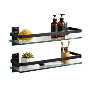 lot 5836 image: AIJALY 2 Pack Bathroom Glass Shelf, 15.7 Inches Black Bathroom Shower Glass Shelf Wall-Mounted, Metal Storage Floating Kitchen Shelf