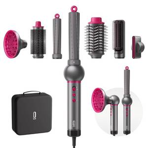 lot 5843 image: O.H.B 7 in 1 Hair Styler & High Speed Dryer Brush, 110,000RPM Blow Dryer Brush, Ionic Air Styler with Fast Drying, No Heat Damage Air Multi Styler for Volumize, Curl, Straighten, Travel Case, Gray