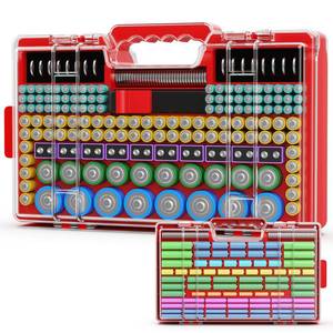 lot 5845 image: Narotood Battery Organizer Storage Holder Box Case with Tester, Ultra-Large 280 Batteries Double-Sided Variety Pack,Holds AA AAA 4A C D Cell 9V 3V Lithium18650 LR44 CR2 CR123 CR1632 - Red
