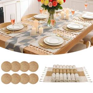 lot 5856 image: Placemats Set of 8 - Rattan Round Place Mats & 11.8 x 17 Cotton Braided Placemat for Dining Table Setting, Rustic Farmhouse Boho Wedding Decor, Wicker Woven Charger Dinner Plates, 16Pcs