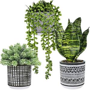 lot 5872 image: Winlyn 3 Pcs Small Potted Plants Artificial Succulents Hanging Plants and Faux Tropical Snake Plant in Black Geometric Pots for Modern Home Kitchen Windowsill Table Shelf Indoor Outdoor Greenery Decor