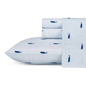 lot 6141 image: Nautica - Twin Size Sheet Set, Crisp Cotton Percale Bedding with Matching Pillowcase, Fully Elastic Fitted Sheet, Deep Pocket, Nautical Room Decor, Breathable All-Season Comfort (Whale Stripe Blue)