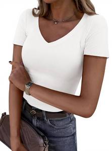 lot 6178 image: PRETTYGARDEN Women 2026 Spring Tops Trendy Ribbed Short Sleeve V Neck Fitted Basic Tee Shirts Casual Going Out Summer Outfits (White,Large)