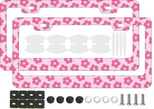 lot 6196 image: Pink Floral License Plate Frame, 2 Pcs Retro Minimalist Flower Pattern Decorative Car Tag Holder, Cute Groovy Y2K Style Metal Plate Covers for Women Girls with Car Door Handle Bow Films