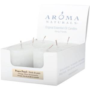 lot 6286 image: Aroma Naturals Votive Candles with Orange Clove and Cinnamon Essential Oil White Scented, Peace Pearl, 5.5x3.75x2 Inch (Pack of 6) as is