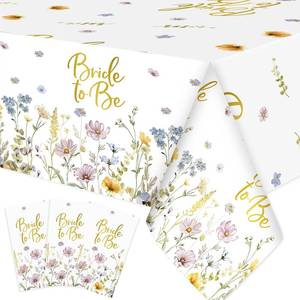 lot 6301 image: Ganeen 3 Pcs Bridal Shower Tablecloth Bride to Be Decorations, 3 Pack Floral Disposable Plastic Table Cover Rectangle for Wedding Party, Bachelorette Engagement Party Supplies, 54 x 108 Inch