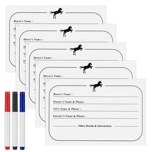 lot 6303 image: Fulmoon 5 Pcs Horse Stall Name Plate Dry Erase Sign Info Stall Plaque with 3 Pcs Dry Erase Pen for Horse Barn Door Accessories Decoration Supplies, 12 x 8 Inch