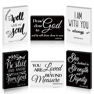 lot 6316 image: 6 Pcs Mini Christian Wooden Signs Bible Verse Decor Inspirational Scripture Wood Block Be Still and Know Religious Plaque Art Church Party Favor Wall Home, 3.5x2.5x0.47 in(Retro Style)