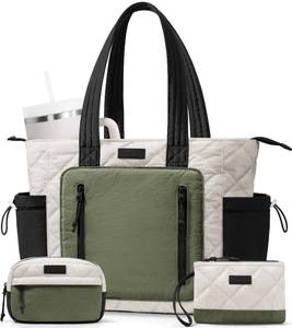 lot 9584 image: Bagstellar Puffer Tote Bag for Women, Lightweight Puffy Work Laptop Handbag Teacher Nurse Quilted Shoulder School Daily Travel Gym Bag