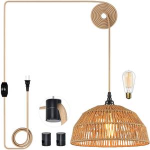 lot 9601 image: Plug in Pendant Light, Hanging Lights with 15ft Golden Cotton Cord & Stepless Dimming Switch, Handwoven Hemp Rope Lampshade, Boho Hanging Lamp for Kitchen, Hallway (Bulb & 2 Swag Hooks Included)
