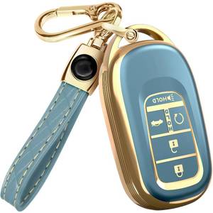 lot 10406 image: Lucrum Compatible with Honda Key Fob Cover & Leather Keychain - TPU Keyfob Case for Accord Civic CR-V HR-V Pilot Ridgeline, For 5 Button Remote (2022-2026) - Blue and Gold