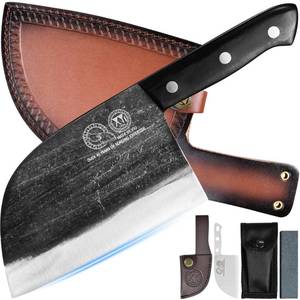 lot 10425 image: XYJ Authentic Since 1986,Outstanding Ancient Forging,6.7 Inch Full Tang,Serbian Chefs knife,Chef Meat Cleaver,Kitchen Knives,Set with Leather Sheath,Take Carrying,Butcher