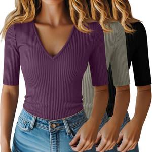 lot 11524 image: Riyiper 3 Pack Womens Half Sleeve Top Elbow Length Ribbed Cotton T Shirt Women V Neck Summer Tee Slim Fit Casual Blouses(Black, Dark Bean Green, Bordeaux Red,X-Large)