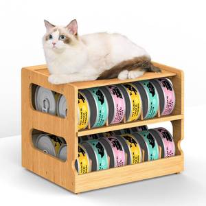 lot 11540 image: Teamkio Stackable Bamboo Cat Food Organizer, 2-Tier Adjustable FIFO Can Dispenser Space-Saving Storage, Holds Up to 36 Cans - Ideal for Pantry, Cabinet, Countertop
