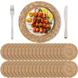 lot 11553 image: Kochorie Set of 36 Round Woven Placemats 13.8 Inch Bulrush Placemats Natural Handwoven Boho Rattan Wicker Table Mats for Farmhouse & Home Dining